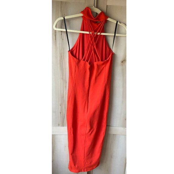 Bebe Bright Red Halter Cocktail Midi Dress Criss Cross Back S Bodycon Sexy - Picture 2 of 8